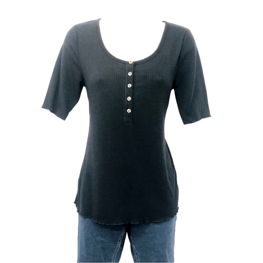 a.n.a. A New Approach Classic Black Short Sleeve Henley Top Scoop Neck